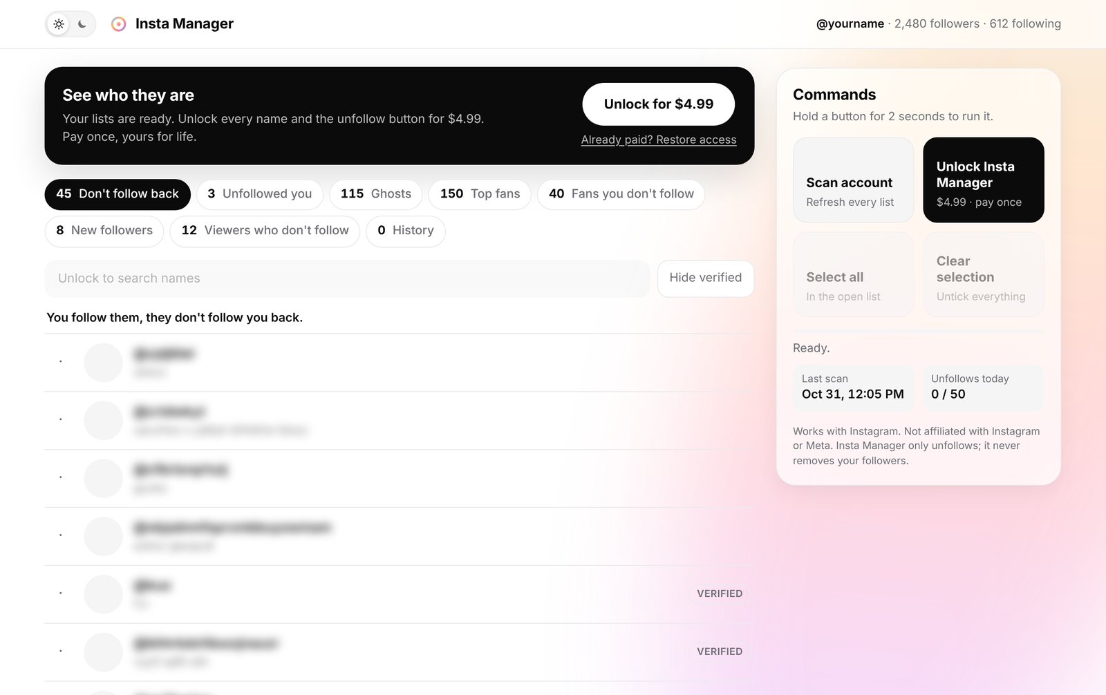 Insta Manager dashboard showing lists like Don't follow back, Ghosts and Top fans